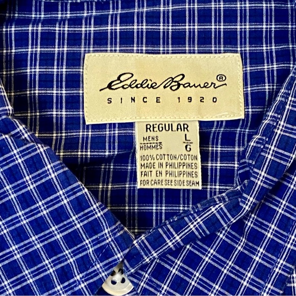 Eddie Bauer blue long sleeve checkered plaid collared dress shirt sz L - Picture 3 of 14